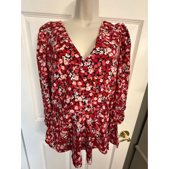 Meraki Woman Smart Fixed Wrap Blouse Top Size M Red Mix Color, Long Sleeve, V N